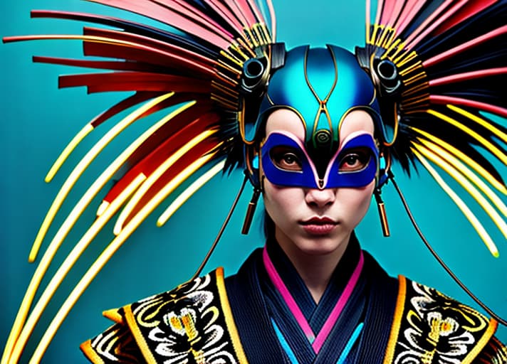  A cyberpunk massively abstract wildhair bonobo woman wearing a stunning raven puma mask in the style of Zhang Jingna and Miles Aldridge. The mask is a fusion of robotic expressionism and the delicate beauty of Miho Hirano art, crafted with wire. She is adorned in an elaborate kimono in light blue and bronze hues.