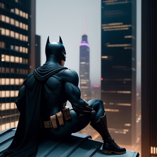  batman sitting on a roof looking down at the city hyperrealistic, full body, detailed clothing, highly detailed, cinematic lighting, stunningly beautiful, intricate, sharp focus, f/1. 8, 85mm, (centered image composition), (professionally color graded), ((bright soft diffused light)), volumetric fog, trending on instagram, trending on tumblr, HDR 4K, 8K