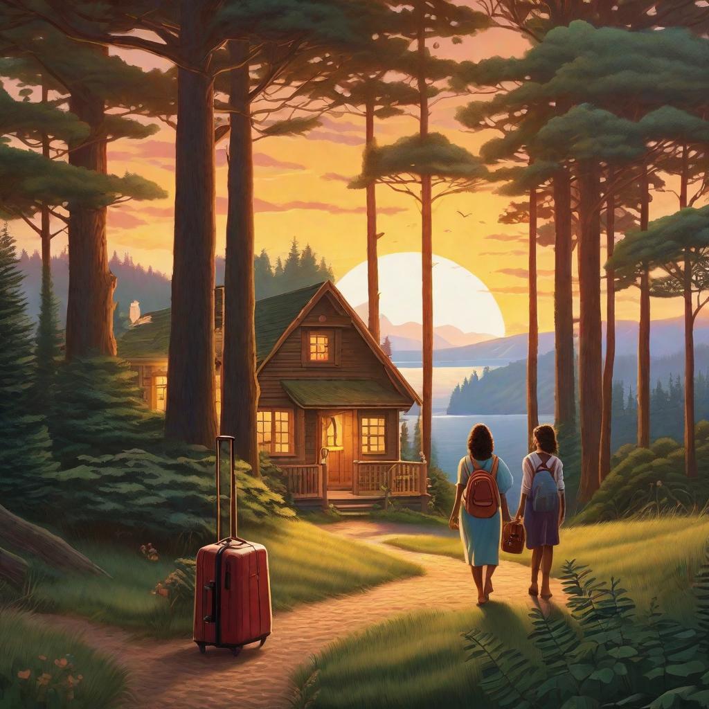  "An image of a quaint house nestled amongst towering trees in a peaceful setting, with a gentle dusk-lit sky painting the background. In the foreground, a young and their mother are seen hand in hand, their figures backlit by the setting sun, carrying a nautical-themed luggage, signifying their return home from the adventures on an island. Their shared smiles and warmth radiating from their bond suggests they've had a precious time together. Nearby, a symbol of their journey - an opened treasure , filled with meaningful yet -friendly representations of life lessons such as a comp (direction), heart (love), star (hope), and a miniature island model - serve as their keepsake from the trip. The overall tone should be  hyperrealistic, full body, detailed clothing, highly detailed, cinematic lighting, stunningly beautiful, intricate, sharp focus, f/1. 8, 85mm, (centered image composition), (professionally color graded), ((bright soft diffused light)), volumetric fog, trending on instagram, trending on tumblr, HDR 4K, 8K