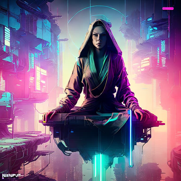 nvinkpunk ,A sophisticated and enigmatic female Jedi master levitating Octane render, Vray, 8k, 32k, masterpiece