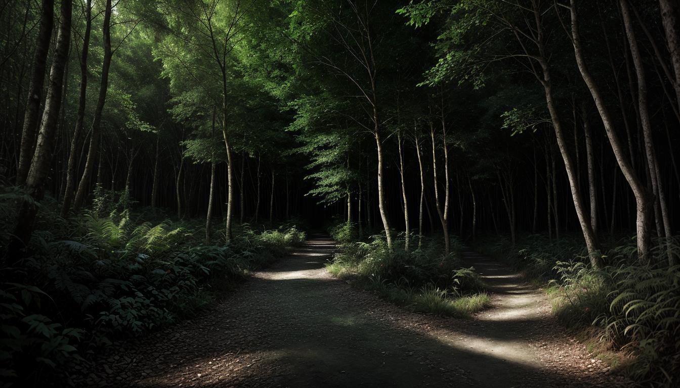  Neuro enlightenmentTwo diverging paths in a dense forest, one lit by soft light, suggesting different approaches, tactical and considerate, choices, reaching out, strategy in kindness, 4k, HDR, sleek, modern design, vibrant, interactive visuals, contemporary aesthetics, highly engaging, mind expanding