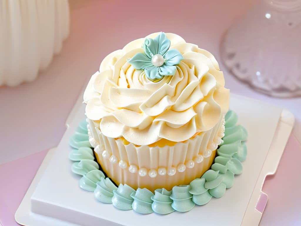  A photorealistic image of a stunning cupcake adorned with intricate details inspired by high fashion haute couture designs. The cupcake should be meticulously decorated with delicate swirls of frosting, edible pearls, and fondant ribbons, all in elegant pastel colors. The background should be softly blurred to keep the focus on the exquisite details of the cupcake, showcasing the craftsmanship and artistry involved in creating such a luxurious treat. hyperrealistic, full body, detailed clothing, highly detailed, cinematic lighting, stunningly beautiful, intricate, sharp focus, f/1. 8, 85mm, (centered image composition), (professionally color graded), ((bright soft diffused light)), volumetric fog, trending on instagram, trending on tumblr, HDR 4K, 8K