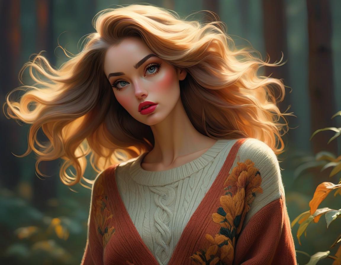  concept art Sweater girl. Oil painting by Malcolm Liepke. autumn colors, cozy oversized sweater, flowing hair, intricate details, rich textures, masterful use of light and shadow, contemporary art . digital artwork, illustrative, painterly, matte painting, highly detailed hyperrealistic, full body, detailed clothing, highly detailed, cinematic lighting, stunningly beautiful, intricate, sharp focus, f/1. 8, 85mm, (centered image composition), (professionally color graded), ((bright soft diffused light)), volumetric fog, trending on instagram, trending on tumblr, HDR 4K, 8K