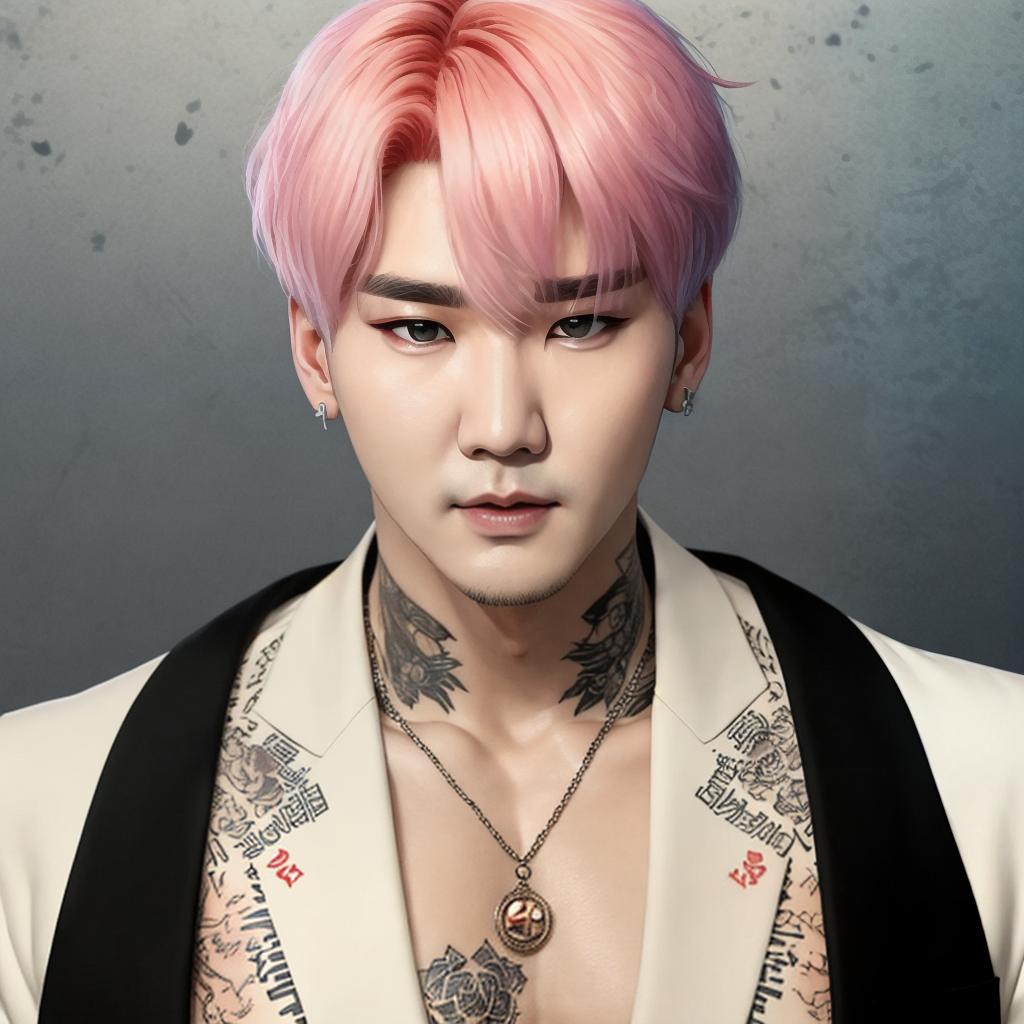  Yoongi акщь BTS, the mafia don, is depicted as a tall, muscular man with dark hair pulled back and an open forehead. His muscular body is topped with various tattoos that look like symbols of his power and status in the world of crime. There is an expression of restrained strength and some cruelty on his face, but at the same time a warm feeling directed at his lover is noticeable in his eyes. Jimin from BTS, his lover, appears in an emerald shirt that contrasts with his blond hair, creating a bright and attractive appearance. His face radiates tenderness and love for Yoongi, and his eyes sparkle with the sincerity of these feelings. He hugs Yoongi, burying his face in his shoulder, as if seeking protection and warmth in the arms of hi