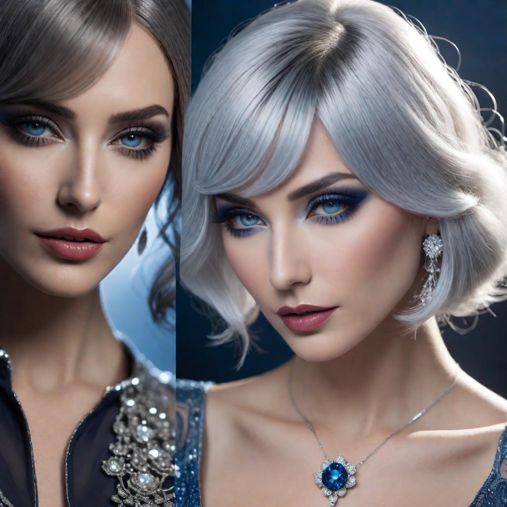  Using the provided image link, the task is to modify the character by adding nickel-sized gems of silver to her hair, resembling the style of a 1920s hat. Furthermore, include a perfectly fitting silver nose ring, and introduce darker blue highlights on her cheeks. hyperrealistic, full body, detailed clothing, highly detailed, cinematic lighting, stunningly beautiful, intricate, sharp focus, f/1. 8, 85mm, (centered image composition), (professionally color graded), ((bright soft diffused light)), volumetric fog, trending on instagram, trending on tumblr, HDR 4K, 8K