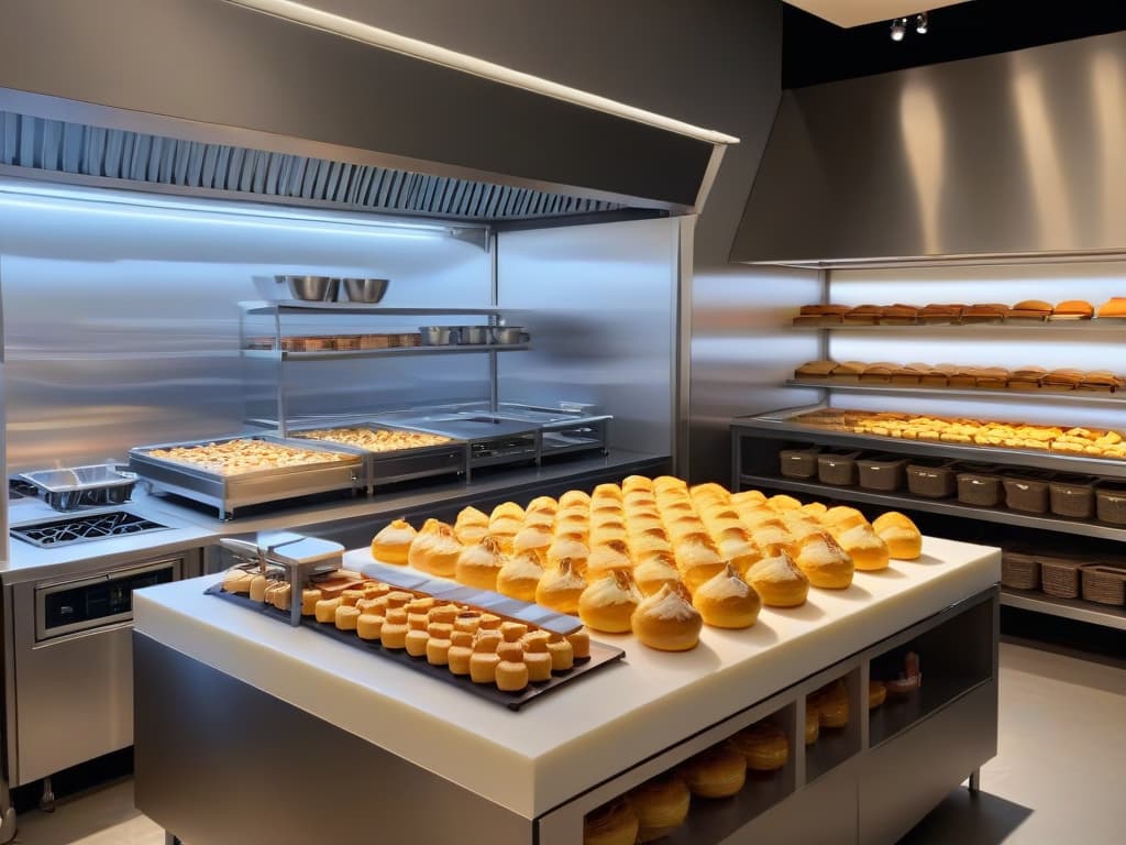  An ultradetailed image of a sleek, modern pastry kitchen, featuring pristine marble countertops, gleaming stainless steel appliances, and an array of meticulously arranged pastry tools and ingredients. The soft, ambient lighting casts a warm glow over the scene, highlighting the precision and artistry synonymous with the world of highend pastry making. hyperrealistic, full body, detailed clothing, highly detailed, cinematic lighting, stunningly beautiful, intricate, sharp focus, f/1. 8, 85mm, (centered image composition), (professionally color graded), ((bright soft diffused light)), volumetric fog, trending on instagram, trending on tumblr, HDR 4K, 8K