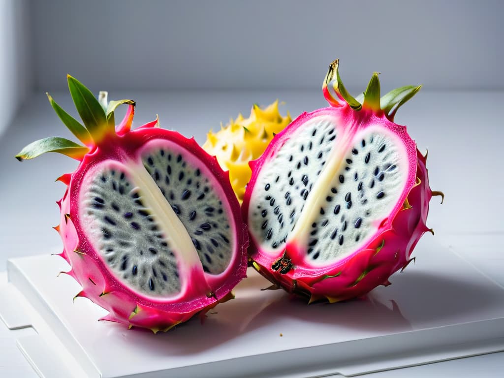  An ultradetailed image of a vibrant, intricately designed dragon fruit sliced open to reveal its luscious pink flesh dotted with tiny black seeds, set against a stark white background. The image showcases the exotic beauty and unique appeal of this key ingredient for creating healthy and exotic desserts, inspiring a sense of sophistication and creativity in experimenting with unusual flavors. hyperrealistic, full body, detailed clothing, highly detailed, cinematic lighting, stunningly beautiful, intricate, sharp focus, f/1. 8, 85mm, (centered image composition), (professionally color graded), ((bright soft diffused light)), volumetric fog, trending on instagram, trending on tumblr, HDR 4K, 8K