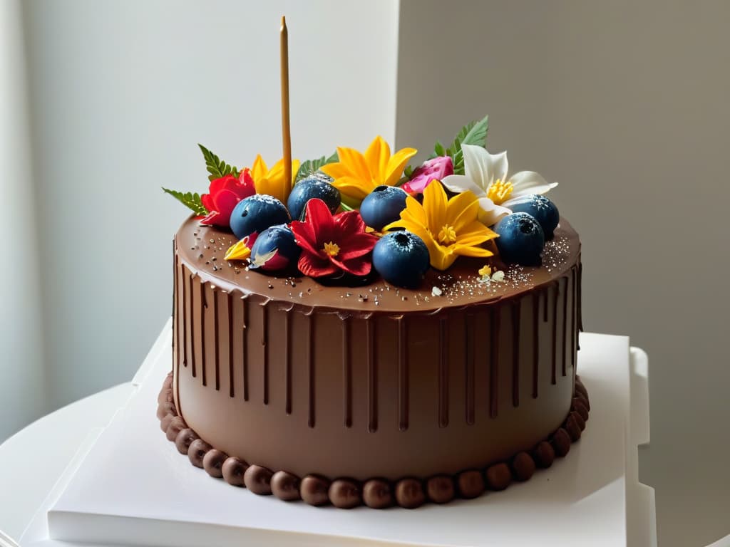  A closeup, photorealistic image of a decadent threetiered chocolate cake with intricate floral decorations made of fondant. The cake sits on a pristine white cake stand, with soft natural lighting casting delicate shadows, highlighting the glossy finish of the chocolate ganache and the delicate details of the fondant flowers. Each layer is perfectly moist and rich, beckoning the viewer to imagine the delectable flavors within. hyperrealistic, full body, detailed clothing, highly detailed, cinematic lighting, stunningly beautiful, intricate, sharp focus, f/1. 8, 85mm, (centered image composition), (professionally color graded), ((bright soft diffused light)), volumetric fog, trending on instagram, trending on tumblr, HDR 4K, 8K