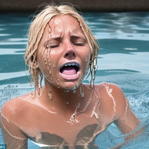  tanned blonde woman drowning and sinking in the water water is up to her nose, her body is not visible she's screaming and panic