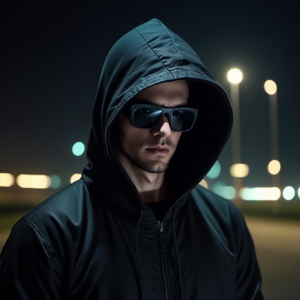  a man in a hood, his face covered with the black glasses, night, turned sideways, dark jacket, super visualization. 4k, in the distance