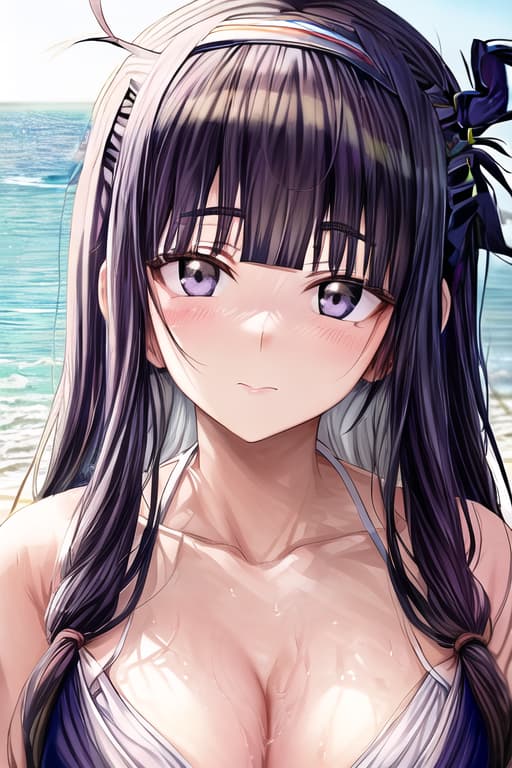  (hinata hyuga:1.3), shy, (masterpiece), (highest quality), (intricate), (high detail),Girl at beach, An extremely detailed illustration of a cute beautiful women on the sea beach, detailed water, masterpiece, best quality, high quality, solo