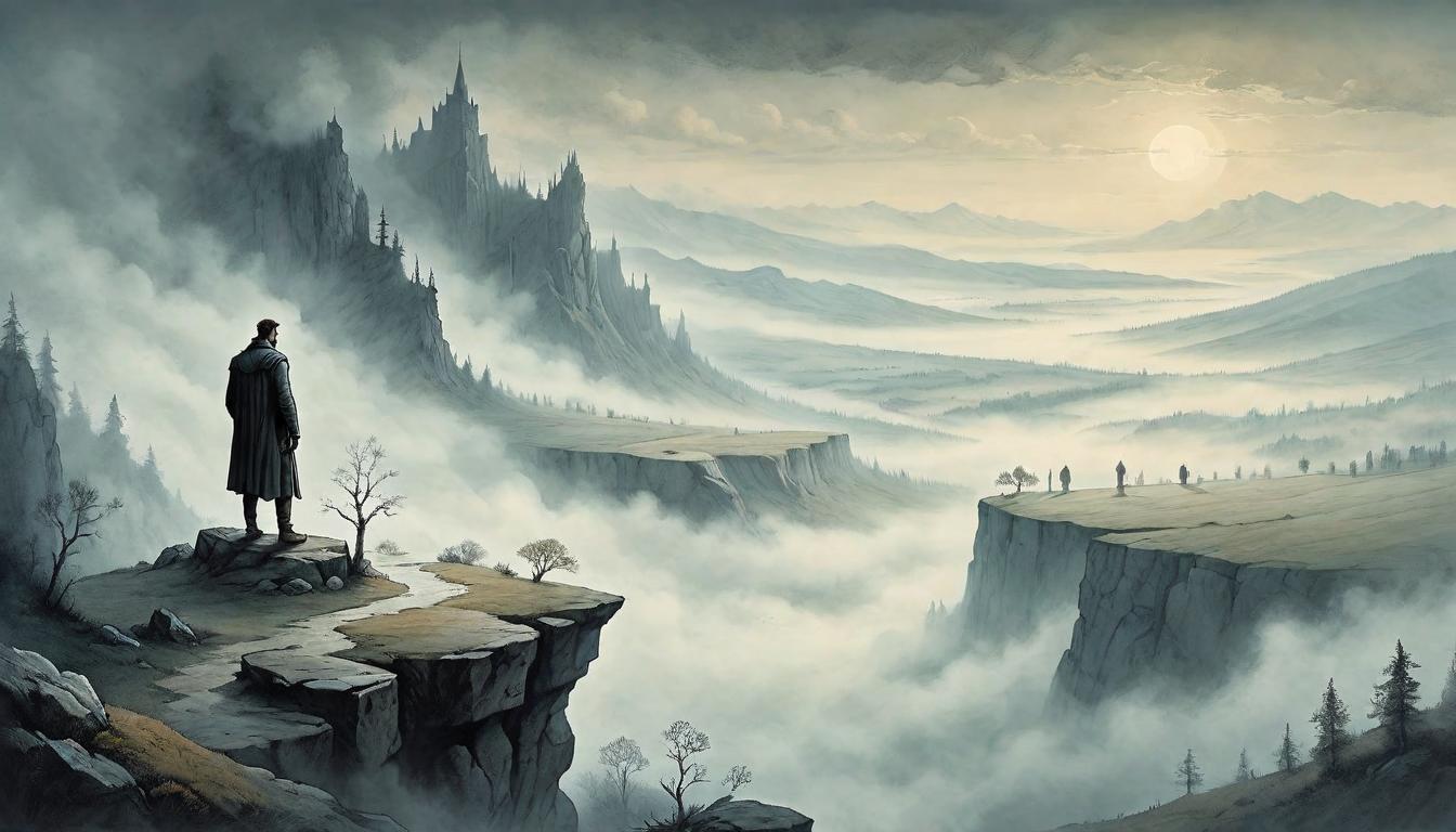  on parchment, surrealism+++, A lone individual standing at the edge of a cliff, overlooking a vast, fog covered valley, representing the advantage of perspective, solitary introspection, horizon of possibilities, precipice of change, enlightening isolation(mysterious, provocative, symbolic,muted color)+++