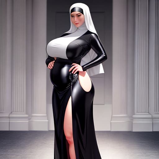  woman, nun, big belly, latex, skirt hyperrealistic, full body, detailed clothing, highly detailed, cinematic lighting, stunningly beautiful, intricate, sharp focus, f/1. 8, 85mm, (centered image composition), (professionally color graded), ((bright soft diffused light)), volumetric fog, trending on instagram, trending on tumblr, HDR 4K, 8K