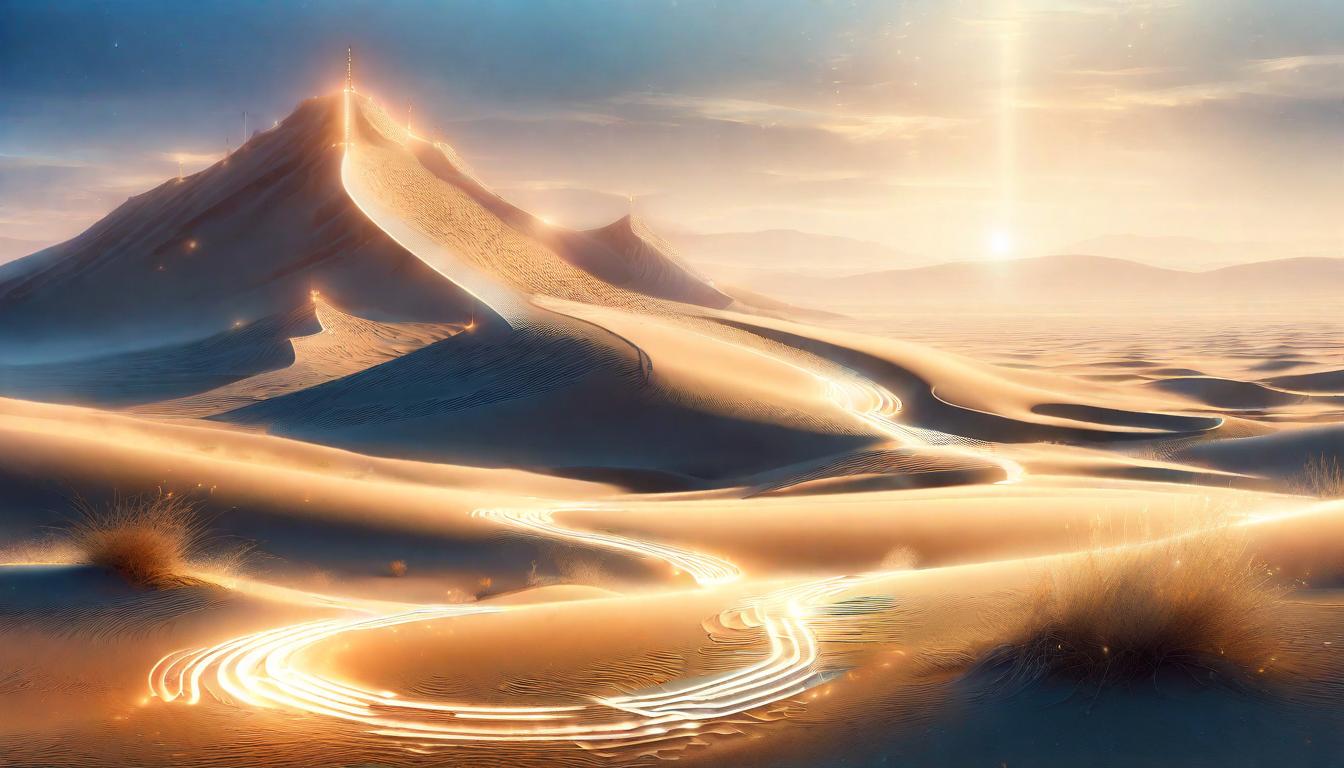  digital illustration Crossroads in a vast desert, each path lined with faintly glowing footprints, suggesting multiple journeys and choices. Vast desert crossroads, glowing choices, symbolic of personal journey, surrealistic with a touch of mysticism, soft twilight ambiance. looking at viewer, dynamic pose, (intricate details, masterpiece, best quality)