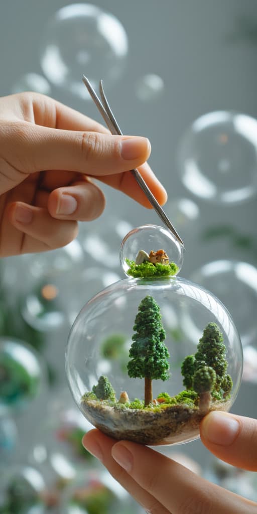  good quality, high quality, a photo of a person crafting miniature landscapes inside soap bubbles. the person has a pair of tweezers in their hand and is carefully inserting tiny trees, mountains, and buildings into a soap bubble. once the bubble world is complete, the person seals the bubble with their finger. the background contains a variety of soap bubbles, each with its own miniature landscape