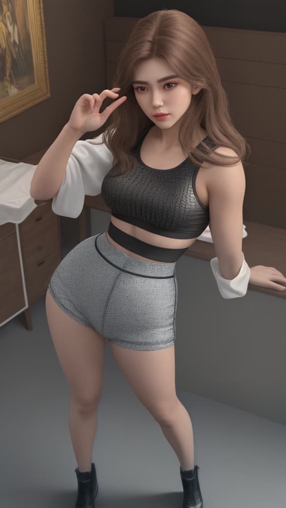  masterpiece, best quality, full body shot of a young with an ultra realistic face, in a tight crop top, on a , masterpiece, ultra-realistic and detailed, high-detail texture, ultra-high quality, 16k, hyper-realistic face.