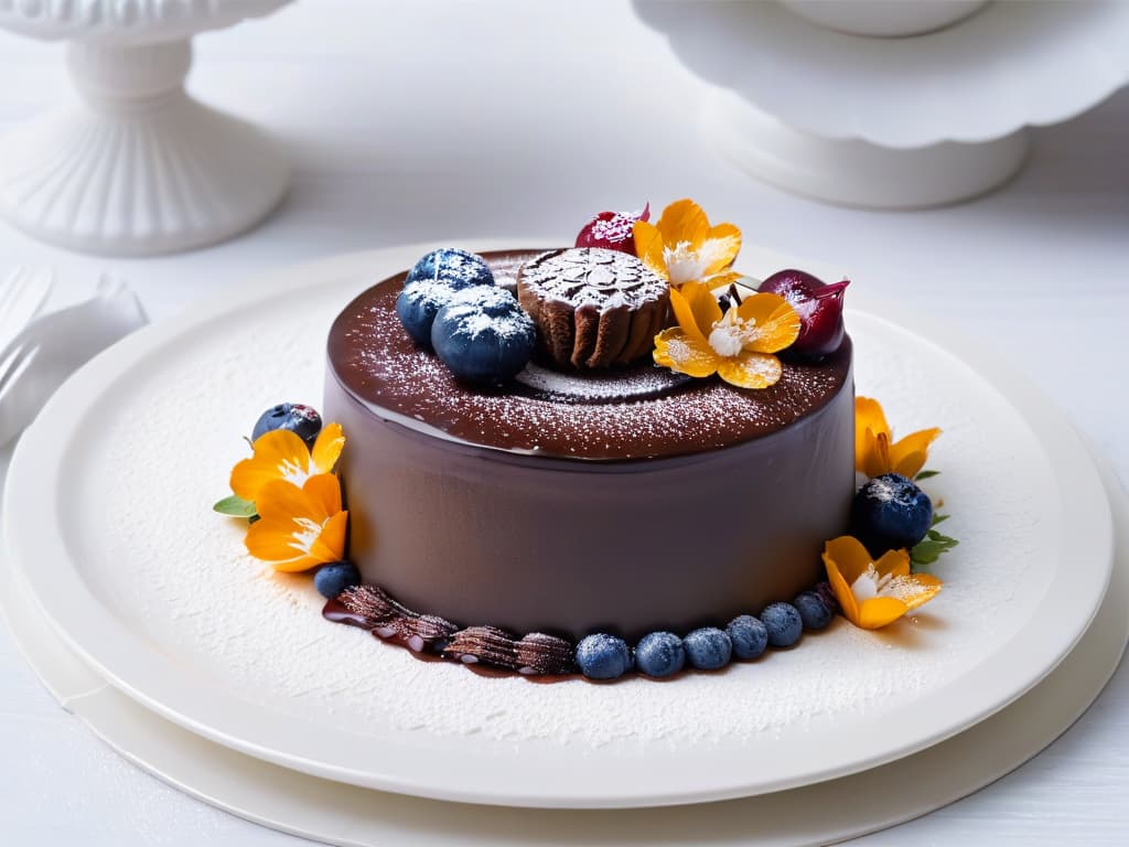  A closeup, ultradetailed image of a perfectly plated dessert showcasing intricate chocolate decorations, glossy fruit glaze, and delicate edible flowers on a pristine white plate. The dessert is elegantly presented with a dusting of powdered sugar and a sprig of fresh mint, exuding a sophisticated and professional aesthetic that would inspire beginners in the art of pastry decoration. hyperrealistic, full body, detailed clothing, highly detailed, cinematic lighting, stunningly beautiful, intricate, sharp focus, f/1. 8, 85mm, (centered image composition), (professionally color graded), ((bright soft diffused light)), volumetric fog, trending on instagram, trending on tumblr, HDR 4K, 8K