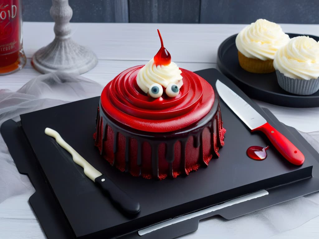  An 8k ultradetailed image of a minimalist dessert plate featuring a bloodred velvet cupcake topped with a white chocolate knife, gummy eyeballs, and edible "blood" drips, all set on a sleek black plate with a subtle fog machine haze in the background, evoking a chilling yet elegant vibe inspired by classic horror films. hyperrealistic, full body, detailed clothing, highly detailed, cinematic lighting, stunningly beautiful, intricate, sharp focus, f/1. 8, 85mm, (centered image composition), (professionally color graded), ((bright soft diffused light)), volumetric fog, trending on instagram, trending on tumblr, HDR 4K, 8K