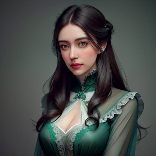  portrait of pretty girl, dark hair, gray eyes, wearing a high necked victorian era style green dress, breathtaking, documentary photography, macro photography, Bioluminescent, Cinematic, wallpaper, digital painting, 8k, lush detail, sharp focus, far shot, full focuse, Soft, Subsurface, Translucency hyperrealistic, full body, detailed clothing, highly detailed, cinematic lighting, stunningly beautiful, intricate, sharp focus, f/1. 8, 85mm, (centered image composition), (professionally color graded), ((bright soft diffused light)), volumetric fog, trending on instagram, trending on tumblr, HDR 4K, 8K