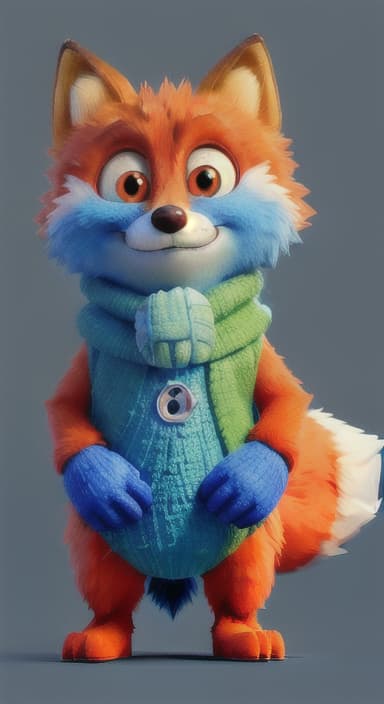  {Error the fox pressing the blue button with his paw, looking puzzled as nothing occurs., Error is a small, bright orange fox with a fluffy tail and big, inquisitive eyes. He has a mischievous yet kind expression and wears a tiny green scarf.