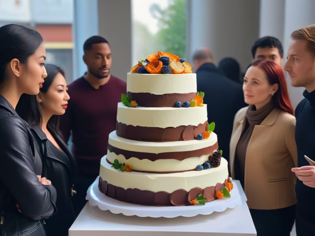  An ultradetailed, minimalist illustration of a diverse group of bakers gathered around a beautifully decorated cake, each one carefully examining and discussing different elements of the cake with thoughtful expressions on their faces. The image captures a sense of collaboration, learning, and improvement, showcasing the transformative power of feedback in a visually striking and engaging way. hyperrealistic, full body, detailed clothing, highly detailed, cinematic lighting, stunningly beautiful, intricate, sharp focus, f/1. 8, 85mm, (centered image composition), (professionally color graded), ((bright soft diffused light)), volumetric fog, trending on instagram, trending on tumblr, HDR 4K, 8K