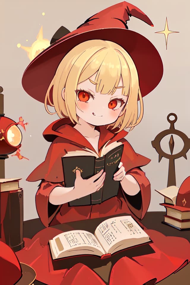  Little girl, blond, short hair, red robe, open magic book, wearing a witch hat, smug face