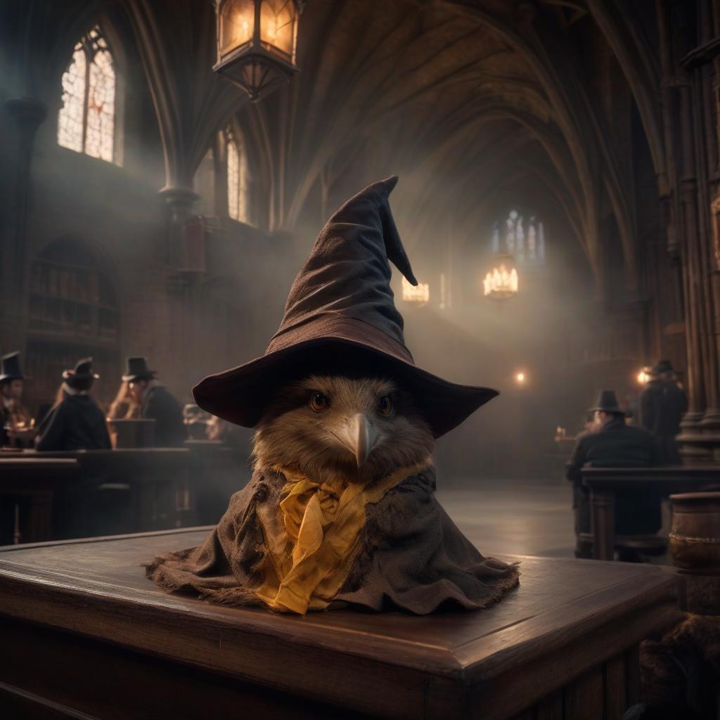  Sorting Hat in Hogwarts hyperrealistic, full body, detailed clothing, highly detailed, cinematic lighting, stunningly beautiful, intricate, sharp focus, f/1. 8, 85mm, (centered image composition), (professionally color graded), ((bright soft diffused light)), volumetric fog, trending on instagram, trending on tumblr, HDR 4K, 8K