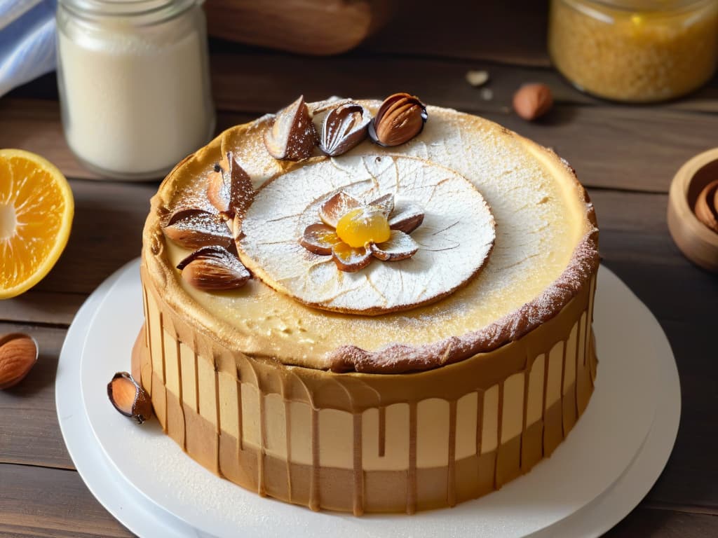  A closeup, ultradetailed image of a freshly baked almond flour cake, featuring a goldenbrown crust sprinkled with powdered sugar, resting on a rustic wooden table. The cake is adorned with sliced almonds and a drizzle of honey, with a soft, blurred background showcasing a scattering of whole almonds and a delicate almond blossom. The impeccable texture and intricate details of the cake's crumb and toppings are highlighted in this highresolution image, inviting viewers to appreciate the beauty and delicious possibilities of almond flour in baking. hyperrealistic, full body, detailed clothing, highly detailed, cinematic lighting, stunningly beautiful, intricate, sharp focus, f/1. 8, 85mm, (centered image composition), (professionally color graded), ((bright soft diffused light)), volumetric fog, trending on instagram, trending on tumblr, HDR 4K, 8K