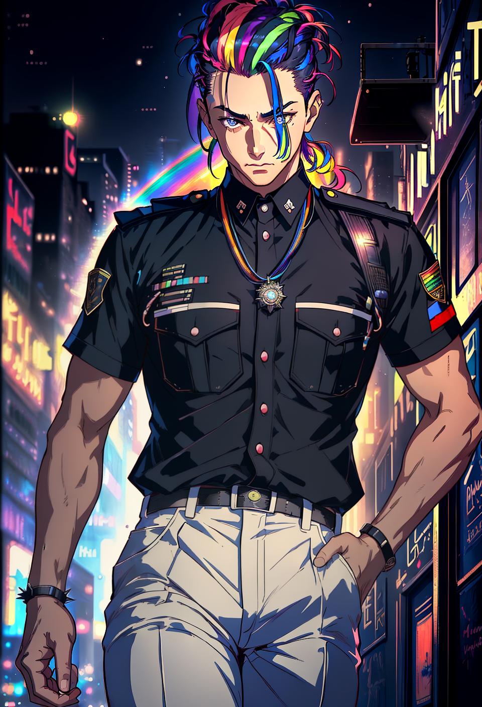  ((trending, highres, masterpiece, cinematic shot)), 1boy, mature, male police uniform, techno scene, very long spiked rainbow hair, hair slicked back, narrow rainbow-colored eyes, personality, relaxed expression, dark skin, morbid, energetic