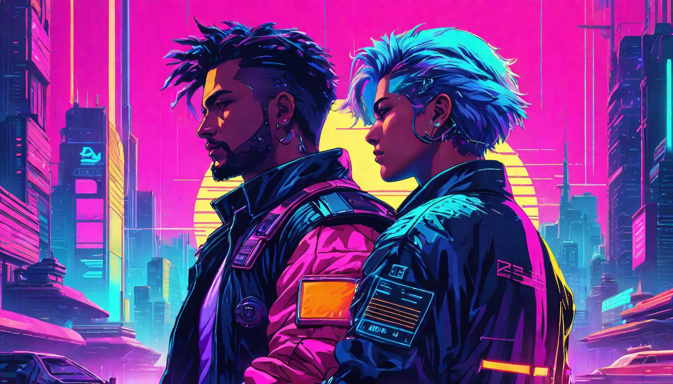  vaporwave,cyberpunk game style someone gently placing their hands over another’s shoulder, tactile healing moment, calm atmosphereeon, dystopian, futuristic, digital, vibrant, detailed, high contrast, reminiscent of cyberpunk genre video games,retro aesthetic, cyberpunk, vibrant, neon colors, vintage 80s and 90s style, highly detailed