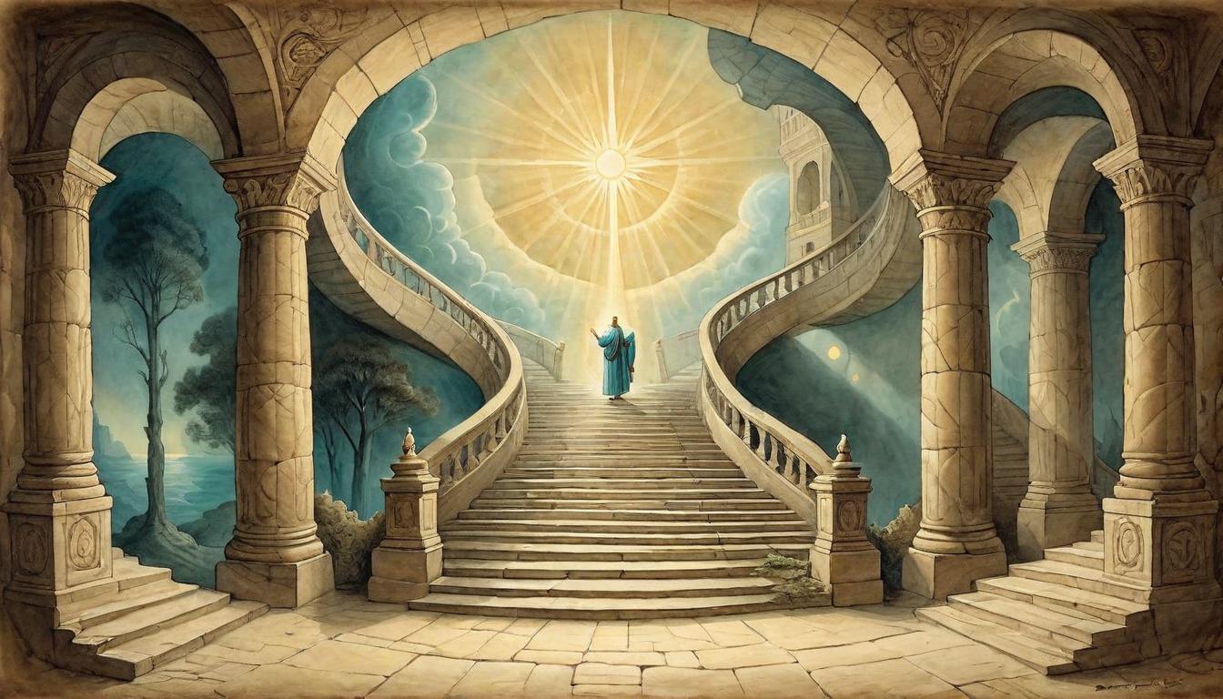  on parchment, surrealism+++, A staircase leading towards a radiant light, ethereal and mystical ambiance, steps are detailed and ancient, approach to enlightenment, ascension(mysterious, provocative, symbolic,muted color)+++