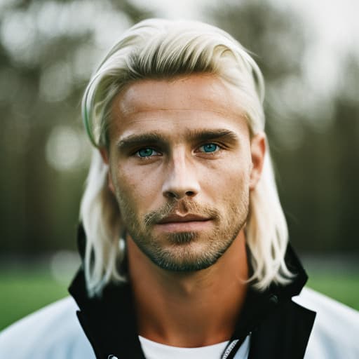 portrait+ style Swedish queer footballer blonde hunk dude face