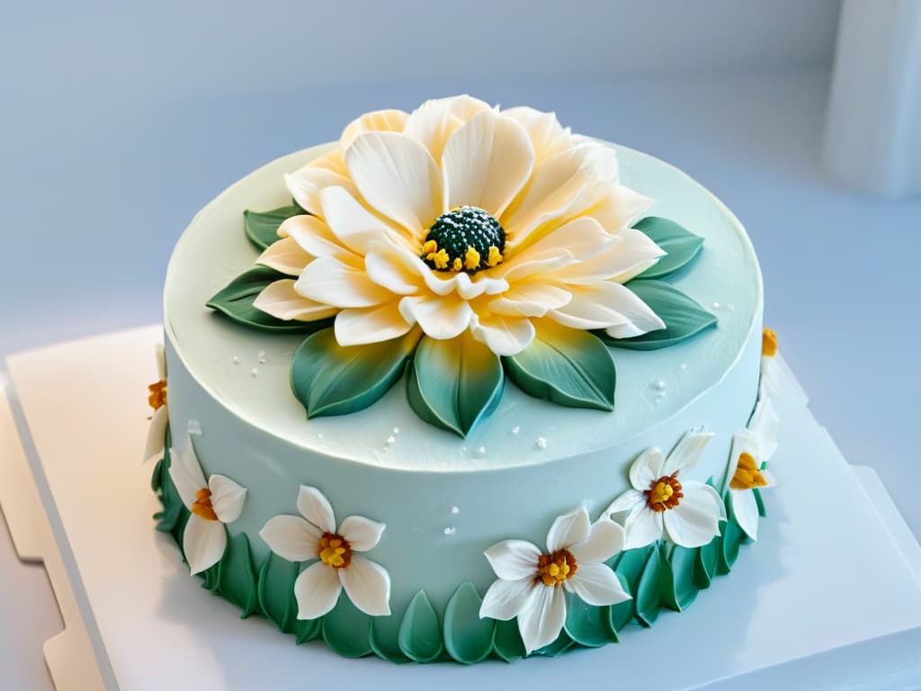  A closeup, ultradetailed image of a delicate, intricately designed sugar flower resting on a pristine white fondant cake. The flower features layers of petals with lifelike texture and vibrant colors, showcasing the artistry and precision required in advanced pastry techniques. The soft light gently highlights the fine details of the edible masterpiece, evoking a sense of elegance and sophistication. hyperrealistic, full body, detailed clothing, highly detailed, cinematic lighting, stunningly beautiful, intricate, sharp focus, f/1. 8, 85mm, (centered image composition), (professionally color graded), ((bright soft diffused light)), volumetric fog, trending on instagram, trending on tumblr, HDR 4K, 8K