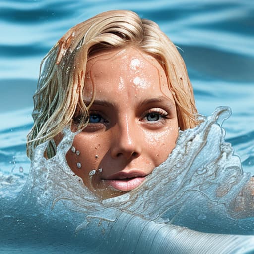  tanned blonde woman's face is in the water she's sinking and drowning she's panic a lot of water waves and splashes around