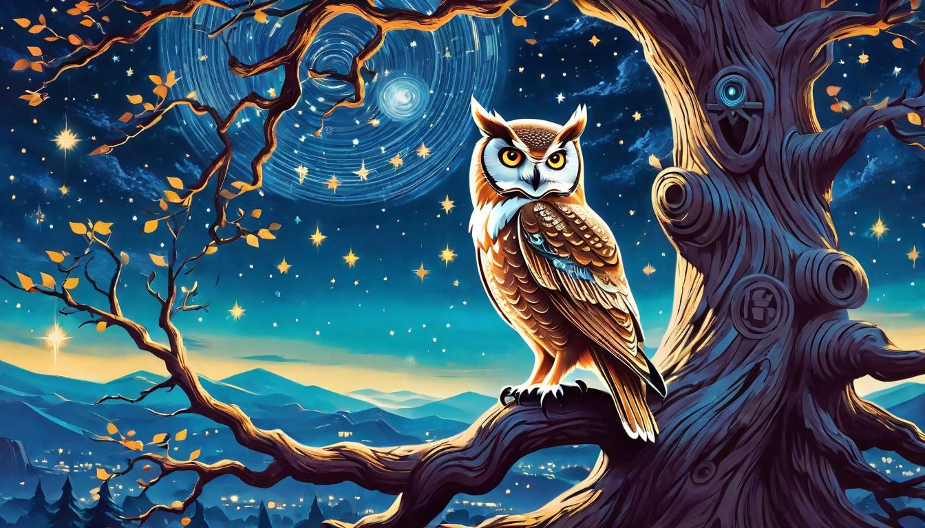  retro futuristic Owl perched on an ancient tree under a starry night, Owl represents wisdom and vigilance, Ancient tree embodies rooted knowledge, Starry night suggests infinite observation, Mystic and all knowing, Eyes wide in silent watchfulness, Timeless guardian lvintage sci fi, 50s and 60s style, atomic age, vibrant, highly detailed