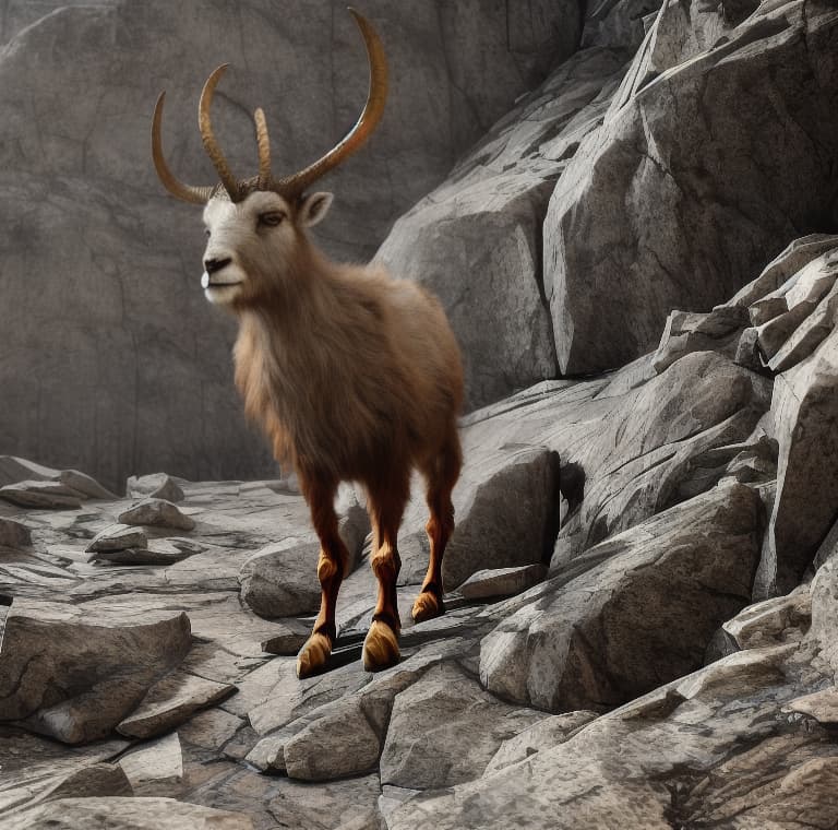  A 3d render image, 8k quality, of a markhor, mountain goat. With amazingly twisted horns.