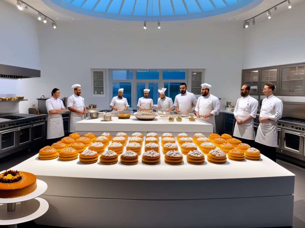  An 8k ultradetailed image of a sleek, modern kitchen filled with topoftheline baking equipment, adorned with elegant touches like marble countertops and copper accents. In the center, a group of renowned pastry chefs in crisp white uniforms are gathered around a large wooden table, engaged in a lively discussion as they prepare intricate pastries and desserts. The natural light streaming in through large windows highlights the meticulous details of the chefs' workstations, from perfectly arranged piping bags to meticulously crafted sugar sculptures, creating a serene yet dynamic scene that captures the essence of a professional and inspiring baking workshop in an iconic location. hyperrealistic, full body, detailed clothing, highly detailed, cinematic lighting, stunningly beautiful, intricate, sharp focus, f/1. 8, 85mm, (centered image composition), (professionally color graded), ((bright soft diffused light)), volumetric fog, trending on instagram, trending on tumblr, HDR 4K, 8K