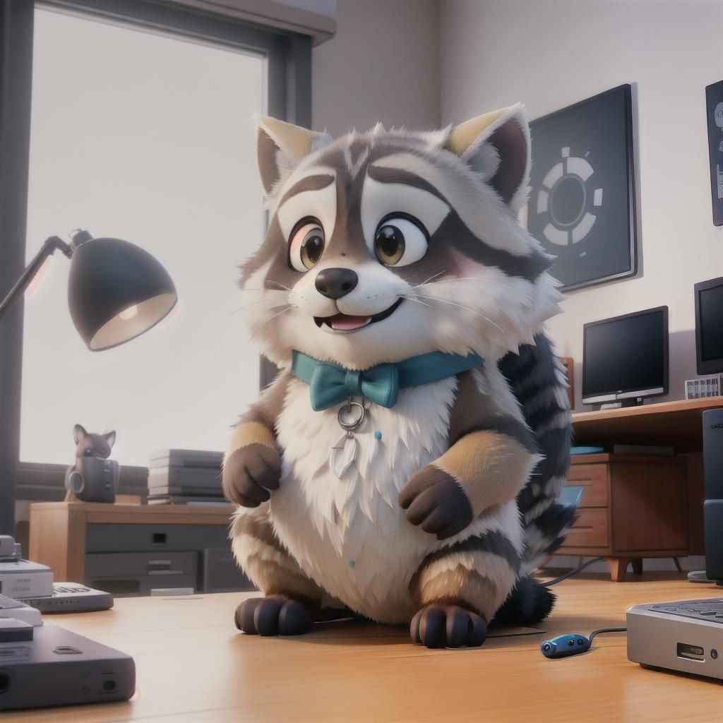  raccoon sitting in gaming chair front a computer on desktop, ((semi anthropomorphic)),(full body), tail, belly, sitting, fat, (chubby), (((white background))), solo, desktop, gaming chair, side view,  [[[clothes]]] hyperrealistic, full body, detailed clothing, highly detailed, cinematic lighting, stunningly beautiful, intricate, sharp focus, f/1. 8, 85mm, (centered image composition), (professionally color graded), ((bright soft diffused light)), volumetric fog, trending on instagram, trending on tumblr, HDR 4K, 8K