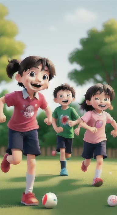  {Children playing a game of tag and laughing., Children running around with joyful expressions on their faces.