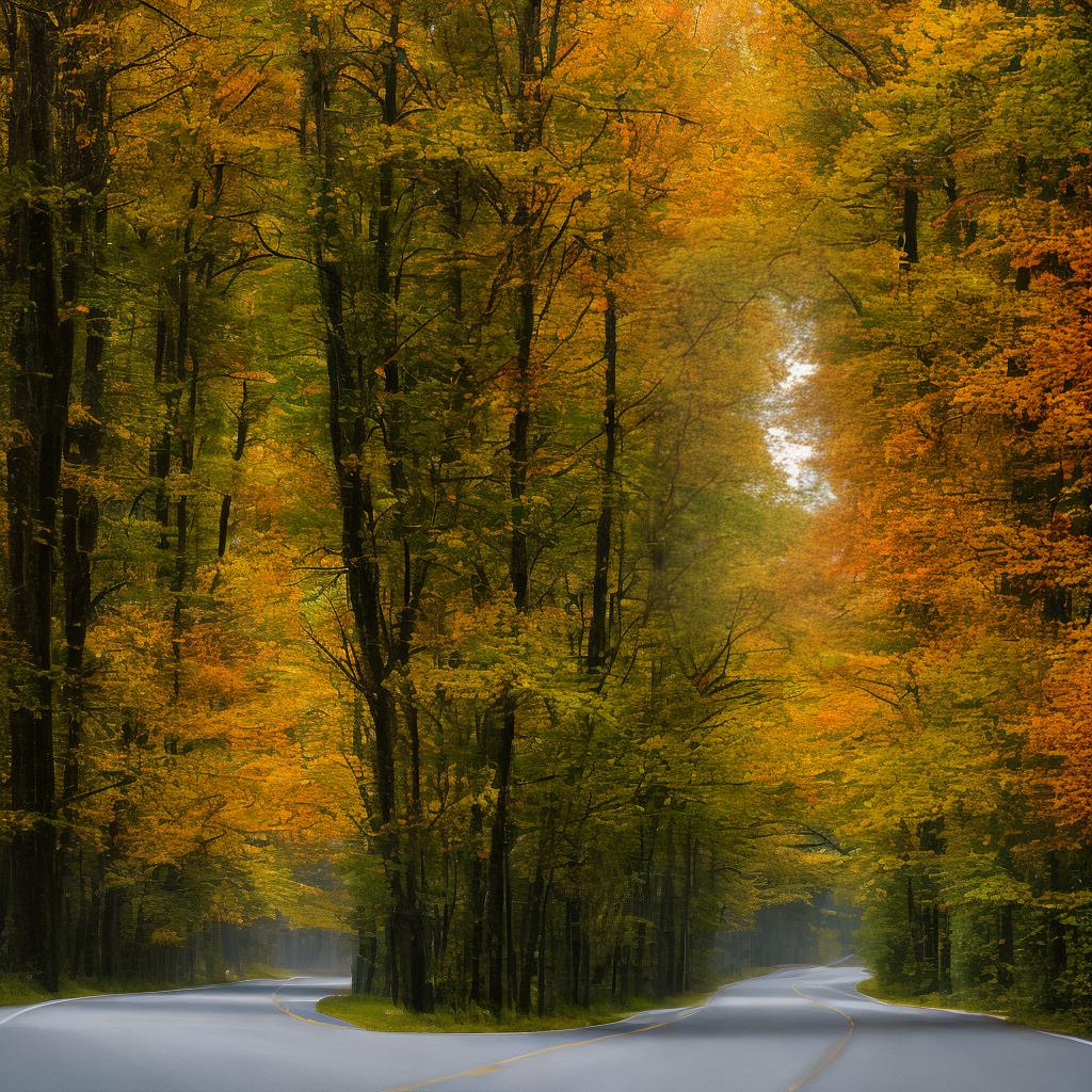 mdjrny-v4 style beautiful road between trees at autumn hyperrealistic, full body, detailed clothing, highly detailed, cinematic lighting, stunningly beautiful, intricate, sharp focus, f/1. 8, 85mm, (centered image composition), (professionally color graded), ((bright soft diffused light)), volumetric fog, trending on instagram, trending on tumblr, HDR 4K, 8K