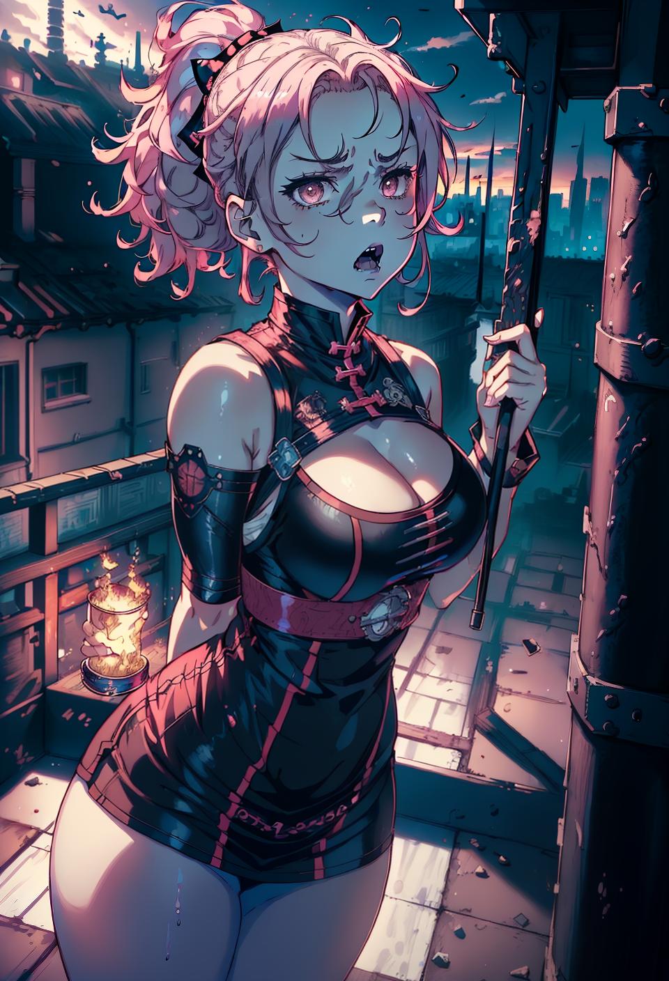  ((trending, highres, masterpiece, cinematic shot)), 1girl, young, chubby, female sorcerer outfit, rooftop scene, short curly pink hair, long ponytail, large grey eyes, evil personality, angry expression, very pale skin, chaotic, toned