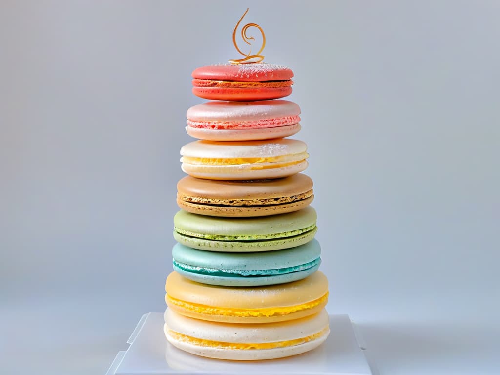  An ultradetailed closeup image of a perfectly crafted macaron tower, showcasing a variety of pastel colors and delicate details. The macarons are arranged in a precise spiral formation, highlighting their smooth, glossy shells and light, airy texture. Each macaron is filled with a different flavored ganache or buttercream, with tiny flecks of edible gold leaf delicately placed on top for a touch of luxury. The background is a soft focus to ensure the focus remains solely on the intricate beauty of the macarons. hyperrealistic, full body, detailed clothing, highly detailed, cinematic lighting, stunningly beautiful, intricate, sharp focus, f/1. 8, 85mm, (centered image composition), (professionally color graded), ((bright soft diffused light)), volumetric fog, trending on instagram, trending on tumblr, HDR 4K, 8K