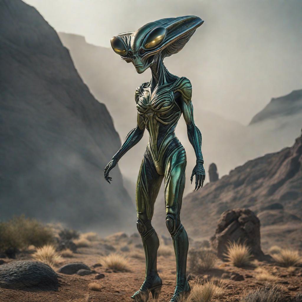  Alien from Area 51 hyperrealistic, full body, detailed clothing, highly detailed, cinematic lighting, stunningly beautiful, intricate, sharp focus, f/1. 8, 85mm, (centered image composition), (professionally color graded), ((bright soft diffused light)), volumetric fog, trending on instagram, trending on tumblr, HDR 4K, 8K