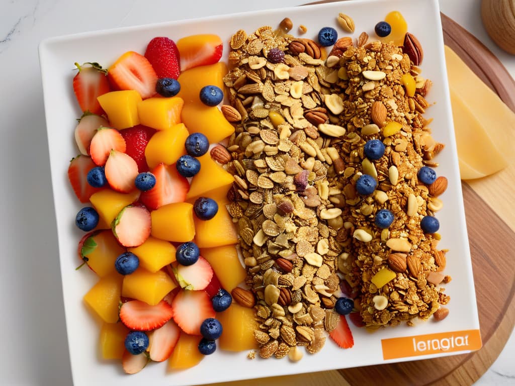  An ultradetailed closeup image of a golden, crunchy granola cluster surrounded by a variety of colorful dried fruits and nuts, all placed on a sleek, white marble countertop. The granola cluster glistens under a soft, natural light, showcasing its texture and ingredients in exquisite detail. Each piece of fruit and nut is perfectly arranged, creating a visually stunning and appetizing composition that embodies the essence of premium granola for baking. hyperrealistic, full body, detailed clothing, highly detailed, cinematic lighting, stunningly beautiful, intricate, sharp focus, f/1. 8, 85mm, (centered image composition), (professionally color graded), ((bright soft diffused light)), volumetric fog, trending on instagram, trending on tumblr, HDR 4K, 8K