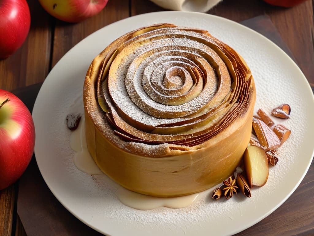  A closeup, ultradetailed image of a freshly baked cinnamon and apple roll, showcasing the goldenbrown, flaky layers of pastry filled with cinnamoninfused apple slices. The roll is delicately dusted with powdered sugar, resting on a rustic wooden surface with subtle lighting that highlights the textures and colors of the dessert. hyperrealistic, full body, detailed clothing, highly detailed, cinematic lighting, stunningly beautiful, intricate, sharp focus, f/1. 8, 85mm, (centered image composition), (professionally color graded), ((bright soft diffused light)), volumetric fog, trending on instagram, trending on tumblr, HDR 4K, 8K