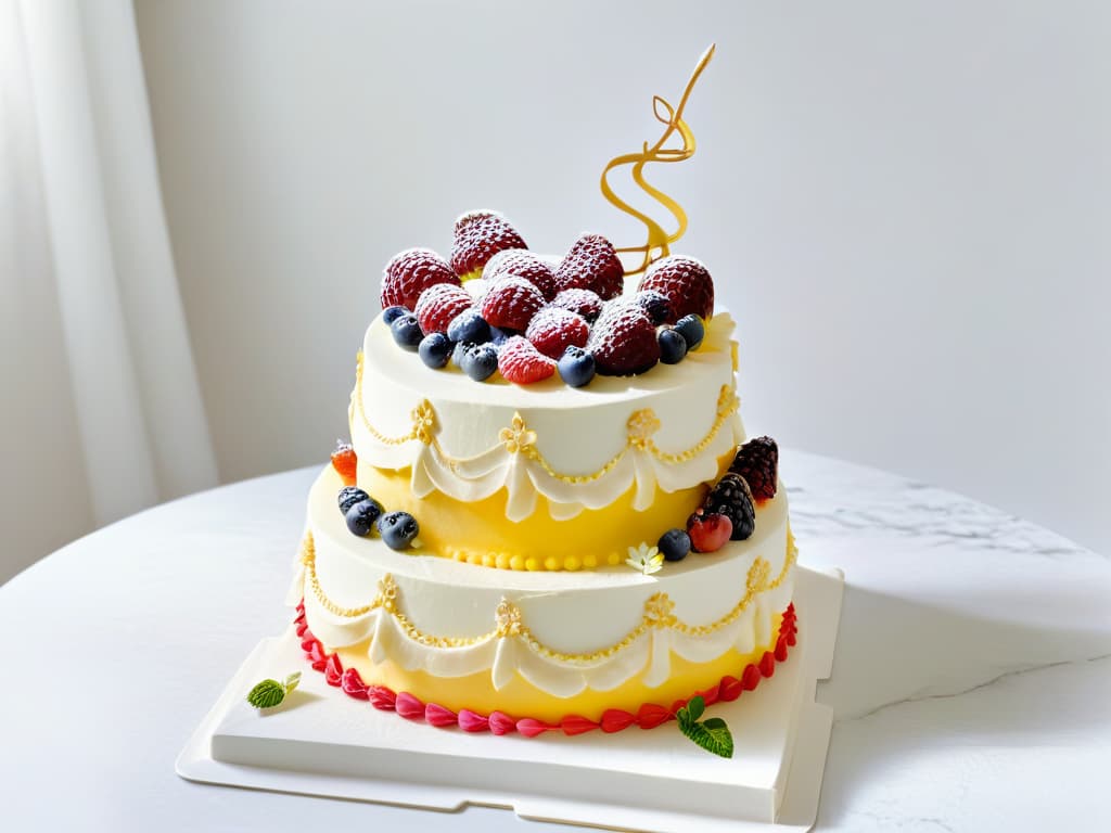  An exquisitely decorated threetiered cake sitting on a pristine white marble countertop. Each layer of the cake is meticulously adorned with intricate piping details and delicate sugar flowers in vibrant hues of pink, purple, and yellow. The top of the cake is crowned with a cascade of fresh berries and mint leaves, creating a visually stunning centerpiece. The background is softly blurred, emphasizing the flawless craftsmanship of the dessert masterpiece. hyperrealistic, full body, detailed clothing, highly detailed, cinematic lighting, stunningly beautiful, intricate, sharp focus, f/1. 8, 85mm, (centered image composition), (professionally color graded), ((bright soft diffused light)), volumetric fog, trending on instagram, trending on tumblr, HDR 4K, 8K