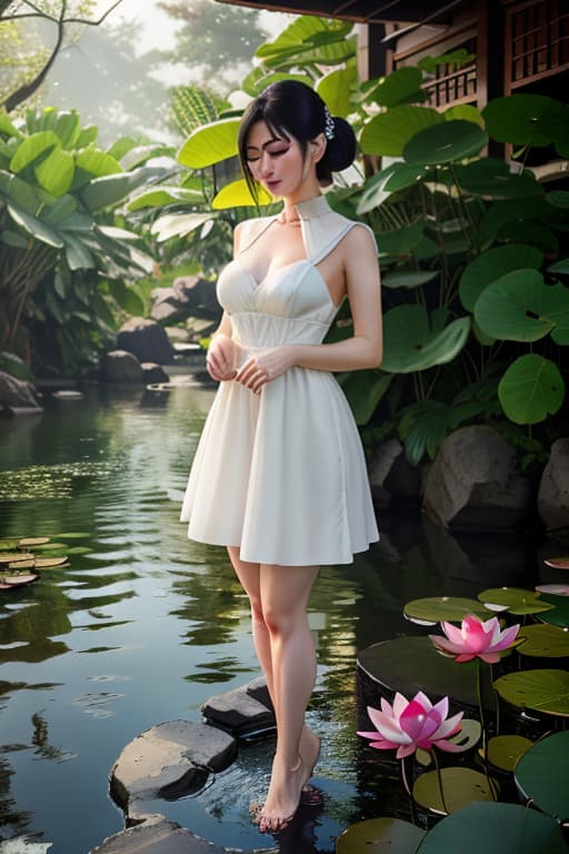  detailed and realistic portrait of a charming place maid , 堕马髻发髻,红色浴衣,锦鲤鱼，multicolor mesmerizing eyes, reflective water, bare feet kicking water. soft natural lighting, portrait photography, magical photography, dramatic lighting, photo realism, ultra detailed, intimate portrait composition, lotus in background, Leica 50mm, f1. 4 hyperrealistic, full body, detailed clothing, highly detailed, cinematic lighting, stunningly beautiful, intricate, sharp focus, f/1. 8, 85mm, (centered image composition), (professionally color graded), ((bright soft diffused light)), volumetric fog, trending on instagram, trending on tumblr, HDR 4K, 8K