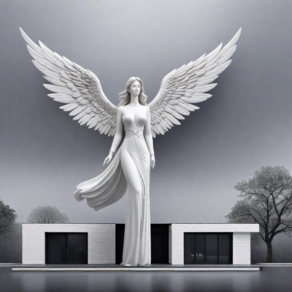  A logo design for 'Angelic Roofing LLC' featuring a stylized angelic figure with outstretched wings, symbolizing protection and heavenly support. The angel is above a house silhouette, and the wings are designed to resemble roof shingles, emphasizing the roofing industry connection. The text 'Angelic Roofing' is positioned below the icon, with 'LLC' in a smaller font beneath it. The color scheme includes a soft shade of white or light gray for the angel, dark gray or charcoal for the wings/shingles, medium to dark gray for the house silhouette, and black or dark gray for the text. The font used is clean and modern, such as Montserrat or Open Sans, to convey reliability and professionalism. hyperrealistic, full body, detailed clothing, highly detailed, cinematic lighting, stunningly beautiful, intricate, sharp focus, f/1. 8, 85mm, (centered image composition), (professionally color graded), ((bright soft diffused light)), volumetric fog, trending on instagram, trending on tumblr, HDR 4K, 8K