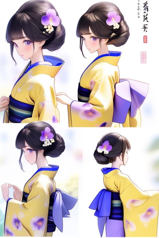  (close up ilration only from the up) (mainly kimono),beautiful with black hair,DOLL,masterpiece,(yellow kimono with blue iris pattern),long furisode kimono,purple obi,night garden,high quality,8k,16k