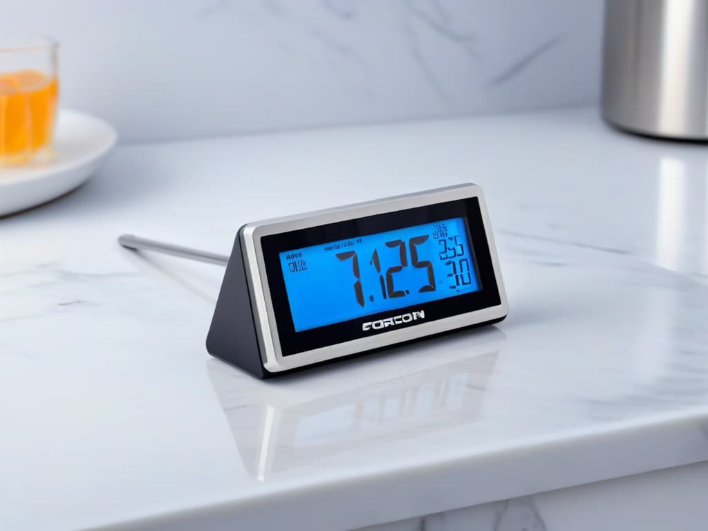  A closeup, ultradetailed image of a sleek, modern digital kitchen thermometer resting on a marble countertop. The thermometer displays a precise temperature reading with a soft glow illuminating the surrounding area, emphasizing its accuracy and professional quality. The minimalistic design highlights the elegance and simplicity of this essential tool for pastry chefs, perfectly complementing the informative and inspirational tone of the article. hyperrealistic, full body, detailed clothing, highly detailed, cinematic lighting, stunningly beautiful, intricate, sharp focus, f/1. 8, 85mm, (centered image composition), (professionally color graded), ((bright soft diffused light)), volumetric fog, trending on instagram, trending on tumblr, HDR 4K, 8K